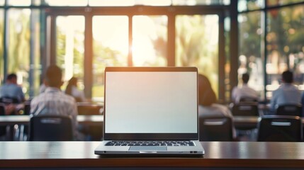 Fototapeta premium A sleek laptop sits on a polished table, catching the warm glow of sunlight. In the background, people engage in discussion, creating a dynamic atmosphere of collaboration and innovation