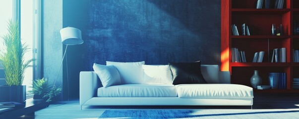 Modern living room with a white chaise lounge, blue wall and a bookshelf.