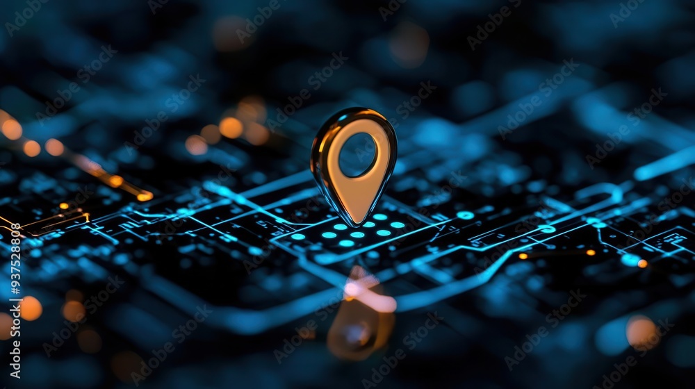 Poster a glowing map marker on a digital circuit board symbolizing navigation and technology in a futuristi