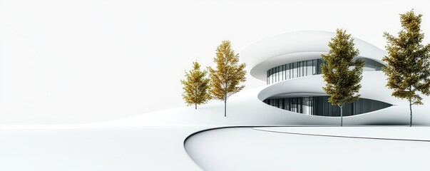 Modern white building with trees in front.