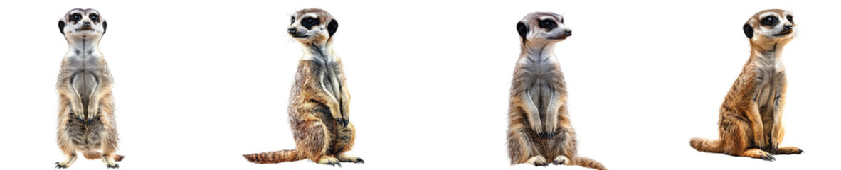 Fototapeta premium Cute meerkat clipart trio, realistic animal PNG illustration set, sandy brown wildlife mascots for kids design isolated PNG with Transparent Background