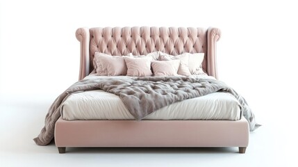 Pink Upholstered Bed with Gray Throw Blanket and Pillows