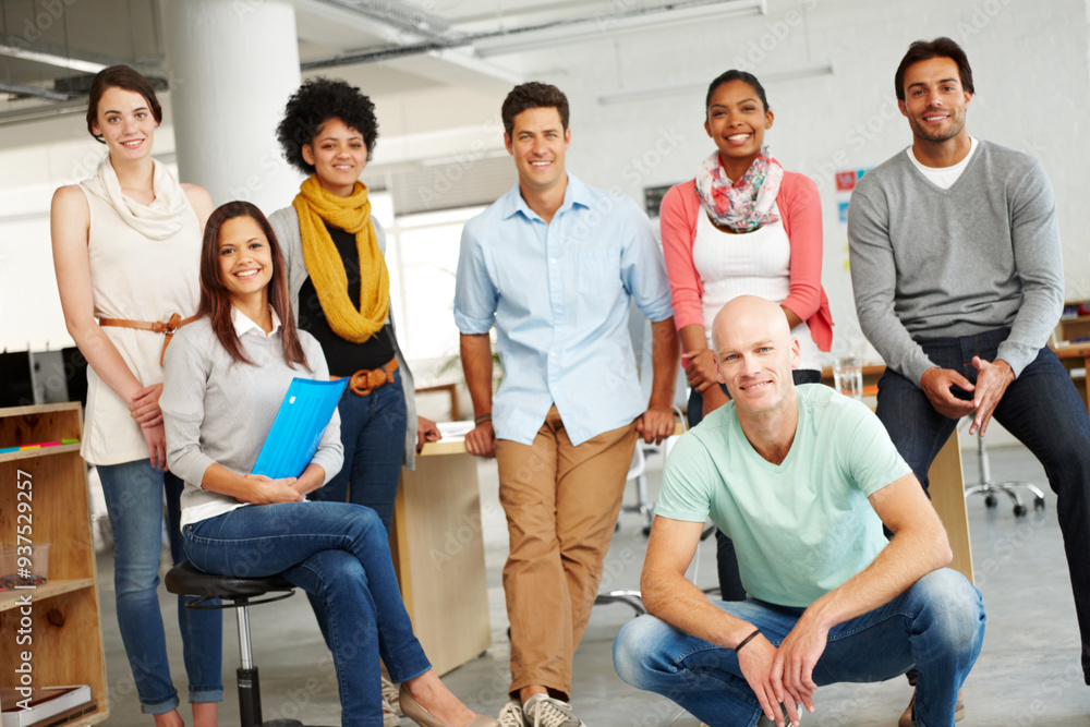 Canvas Prints Team, portrait and startup with smile for diversity, support or solidarity with inclusion at company. Business people, men and women in office, staff or together for pride in group at creative agency