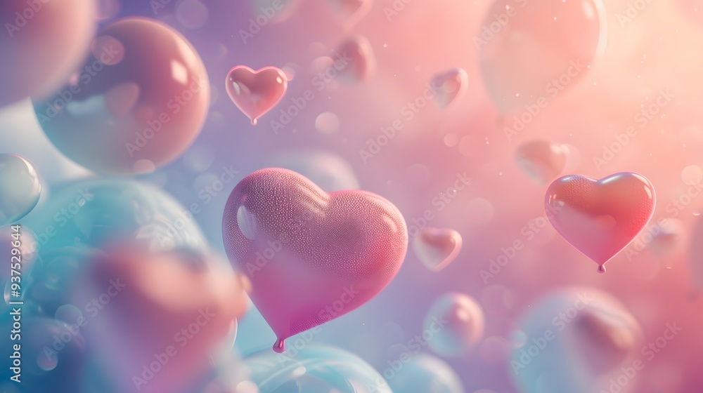 Poster dreamy pastel abstract background with floating heart shapes in 3d design ai generated illustration