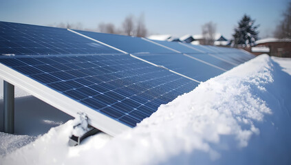 Winter close-up of snow-covered photovoltaic panels on a roof