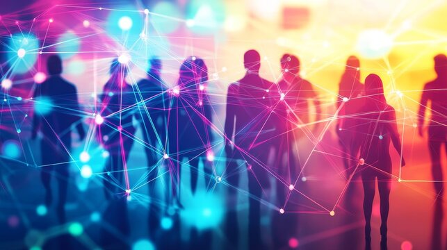 Silhouettes of people walking in a colorful, glowing network of connected dots.  The image represents human connection, community, and digital technology.