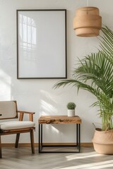 Eco-friendly room setting with a wooden frame and a minimalistic modern cinematic poster AI generated illustration
