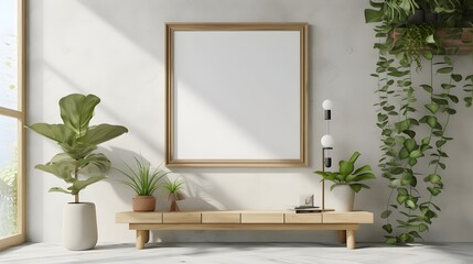 Eco-friendly room setting with a wooden frame and a minimalistic modern cinematic poster AI generated illustration