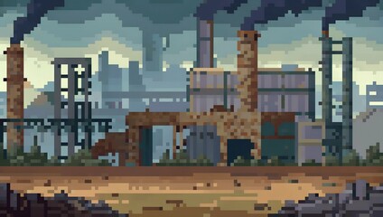 Abandoned factory pixel art background. 8-bit game assets