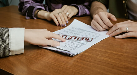 Close up. Bank clients. Bank employee shows rejected loan document