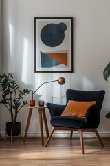 Embracing minimalism in a room dcor featuring a cinematic modern poster encased in a wooden frame AI generated illustration