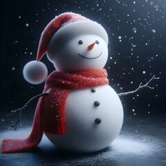 Obraz premium Cute Laughing Snowman with Wool Hat & Scarf - Photorealistic Winter Scene with Bokeh Lights, isolated on a dark background