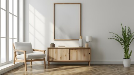 Embracing minimalism in a room dcor featuring a cinematic modern poster encased in a wooden frame AI generated illustration