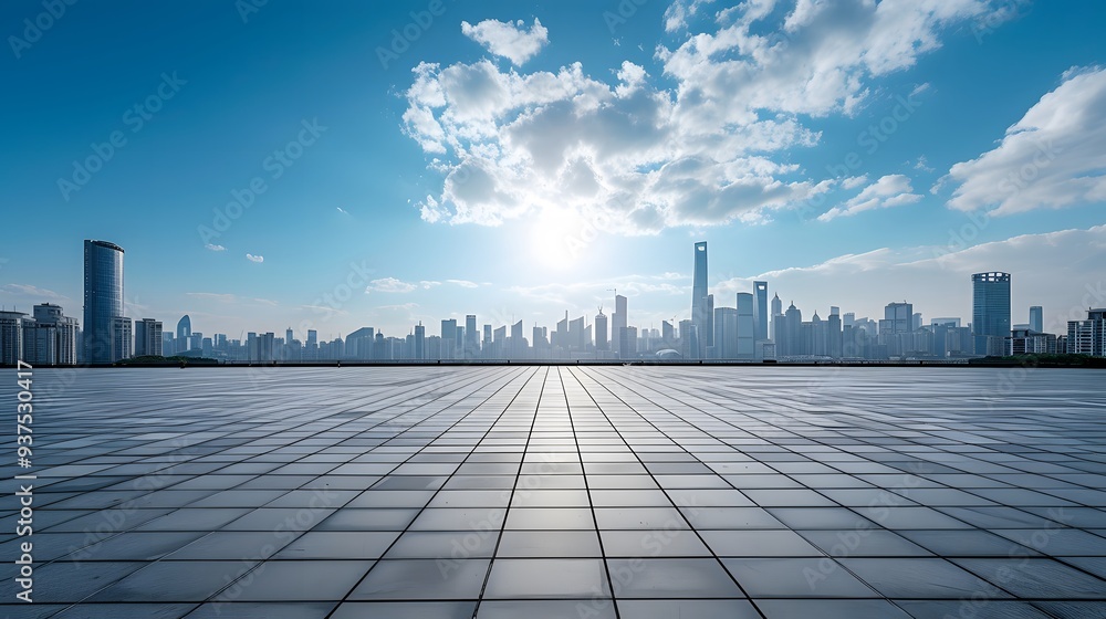 Aufkleber empty square floor under the open sky juxtaposed with the city skyline in the background ai generate