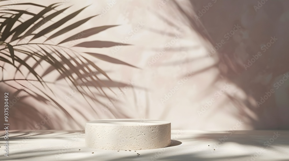 Aufkleber empty textured podium with an abstract minimalist background enhanced by the shadow of a tropical pa