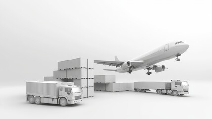 White minimalist illustration of an airplane taking off, surrounded by trucks and cargo containers.