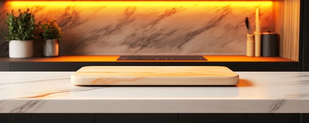 White countertop with a wooden box and backsplash.