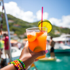 In yacht cruising drinking in hot bright and beautiful weather