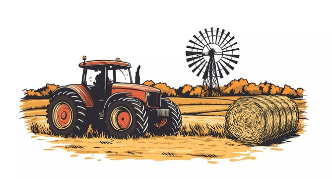 recommend clip art: Black-and-white woodcut illustration of an old tractor in a field with hay bales, a windmill in the background