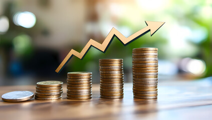 Stacked coins with upward arrow symbolizing financial growth and investment.