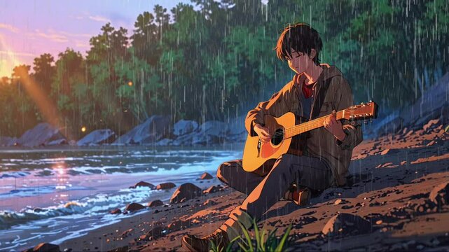 A peaceful evening by the riverbank, where a young man is strumming a guitar When the rain falls, lo-fi anime vibes. Generative AI