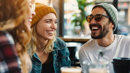 Friends having fun at a coffee shop, laughing and enjoying each other's company in a warm
