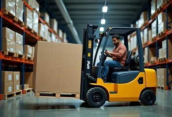 A yellow forklift lifts a large wooden pallet in a busy warehouse, operated by a Hispanic male worker.	

