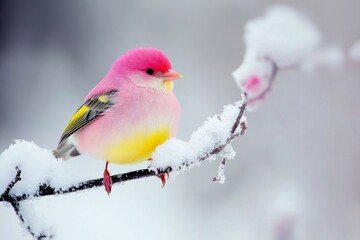 photo of beautiful pink and yellow bird perches on a snow covered branch in winter 