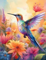 Obraz premium Colorful Flower Field with Flying Hummingbird