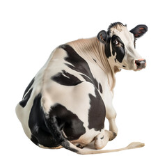 Sitting back view cow isolated on white or transparent background, png clipart, design element. Easy to place on any other background.