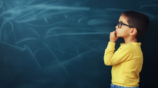 Schoolchild standing next to the blackboard Ready to pretend to think of various ideas
