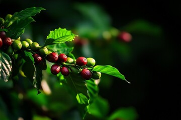 Obraz premium Vibrant coffee berries nestled among lush green leaves, capturing the essence of nature's harvest in a stunning close-up.