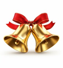 Golden bells with red bow isolated on white background