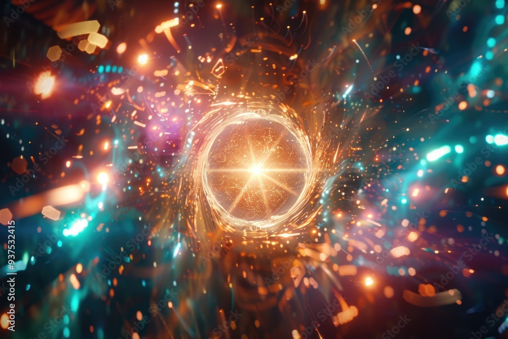Poster abstract futuristic space orb with colorful energy particles.
