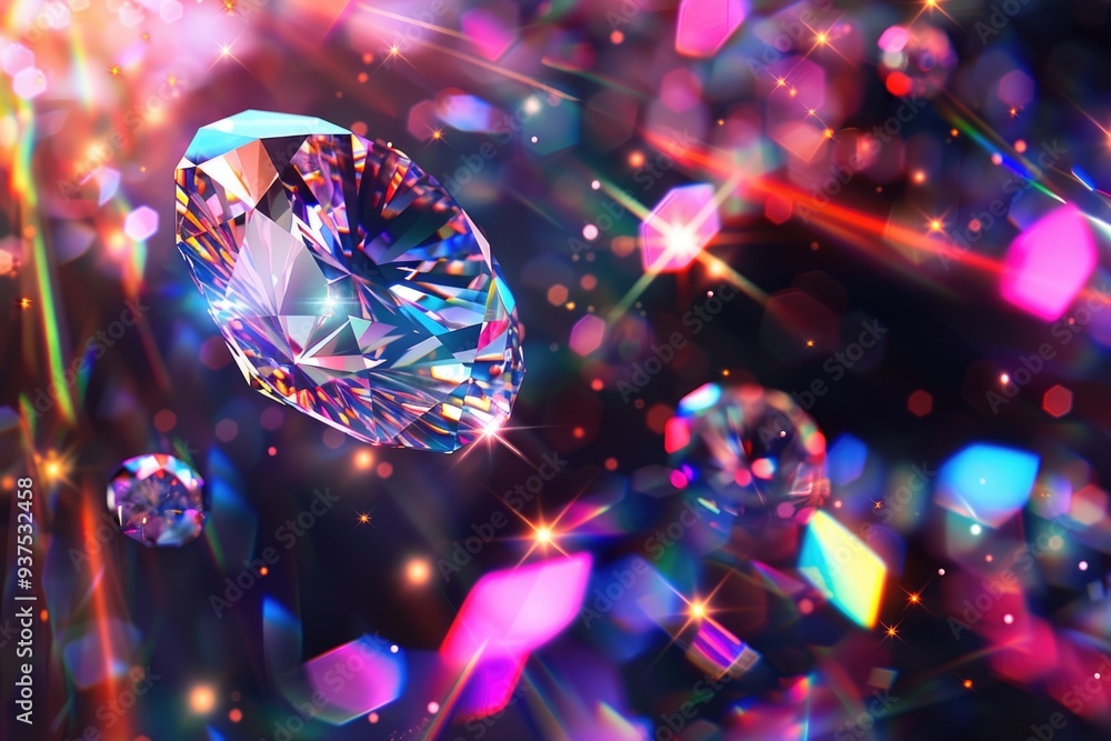Poster abstract lens flare and bokeh lights reflecting colorful rays.