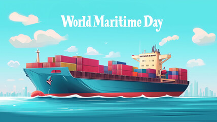 cartoon illustration, big containership, low angle view, text " World Maritime Day". Freight containers loaded on a big ship, travelling the ocean. International global container traffic.