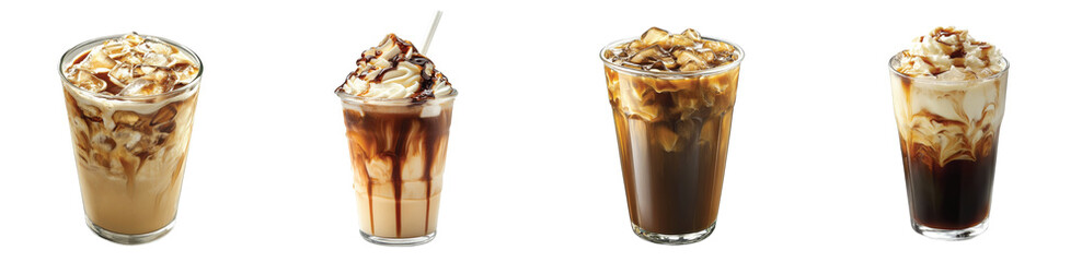 Delicious iced coffee drinks lined up on a vibrant cafe counter, on the Transparent background, PNG Format