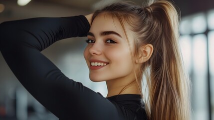 Fototapeta premium Portrait of a pretty girl in a black tracksuit with long hair
