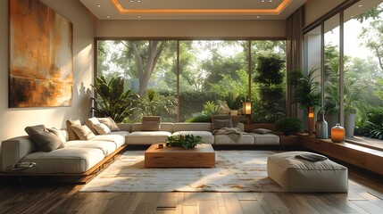 Fototapeta premium Stylish and Cozy Contemporary Living Room with Sleek Furniture and Decor