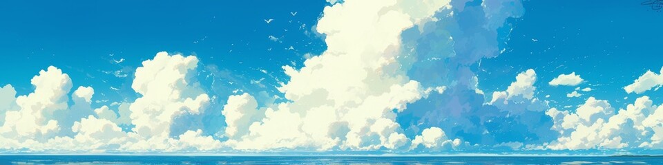 Obraz premium Dreamy Summer Paradise: Abstract Anime-Style Ocean and Sky Fusion. Romantic Coastal Getaway in Minimalist Design with Elegant Gradient Textures. AI-Generated Artistic Concept for Marketing, UI, and Hi