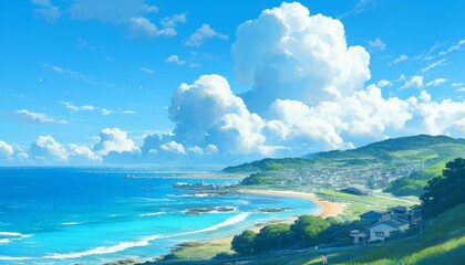 Obraz premium Dreamy Summer Paradise: Abstract Anime-Style Ocean and Sky Fusion. Romantic Coastal Getaway in Minimalist Design with Elegant Gradient Textures. AI-Generated Artistic Concept for Marketing, UI, and Hi