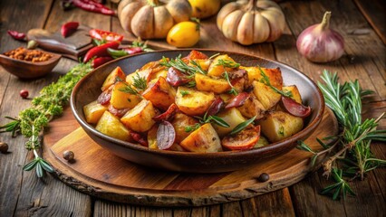Rustic Autumn Harvest Feast Composition featuring Golden Roasted Potatoes with Crispy Bacon and Fresh Thyme on a Worn Wooden Table
