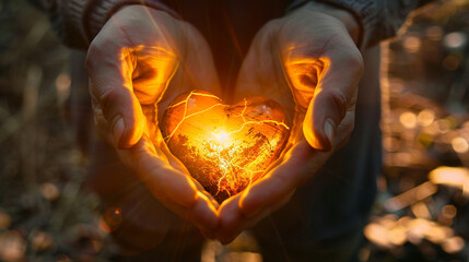 A broken heart being mended as Jesus holds it in His hands, with light streaming through the cracks