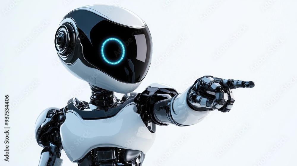 Poster Futuristic Robot with Glowing Eye Pointing Forward