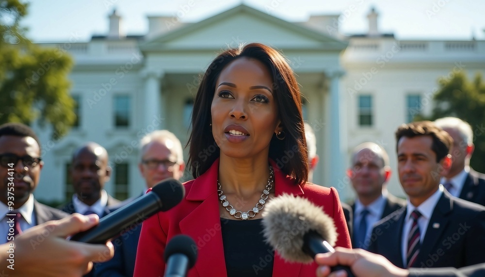 Wall mural An African American female senator speaks confidently to the press in front of the White House, bathed in warm afternoon sunlight.