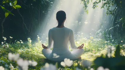 Asian woman meditating peacefully in a tranquil outdoor setting