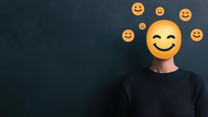 A person with a smiley face overlay, symbolizing happiness and positivity, standing against a dark background.
