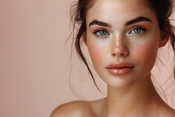 Fototapeta premium Natural Beauty Portrait Freckled Model with Soft Lips and Serious Gaze