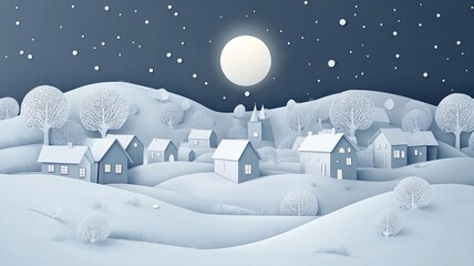 Winter Snow Urban Countryside Landscape City Village with full moon,paper art and digital craft style.