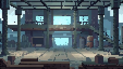 The interior of an abandoned factory at daytime pixel art background. 8-bit game assets